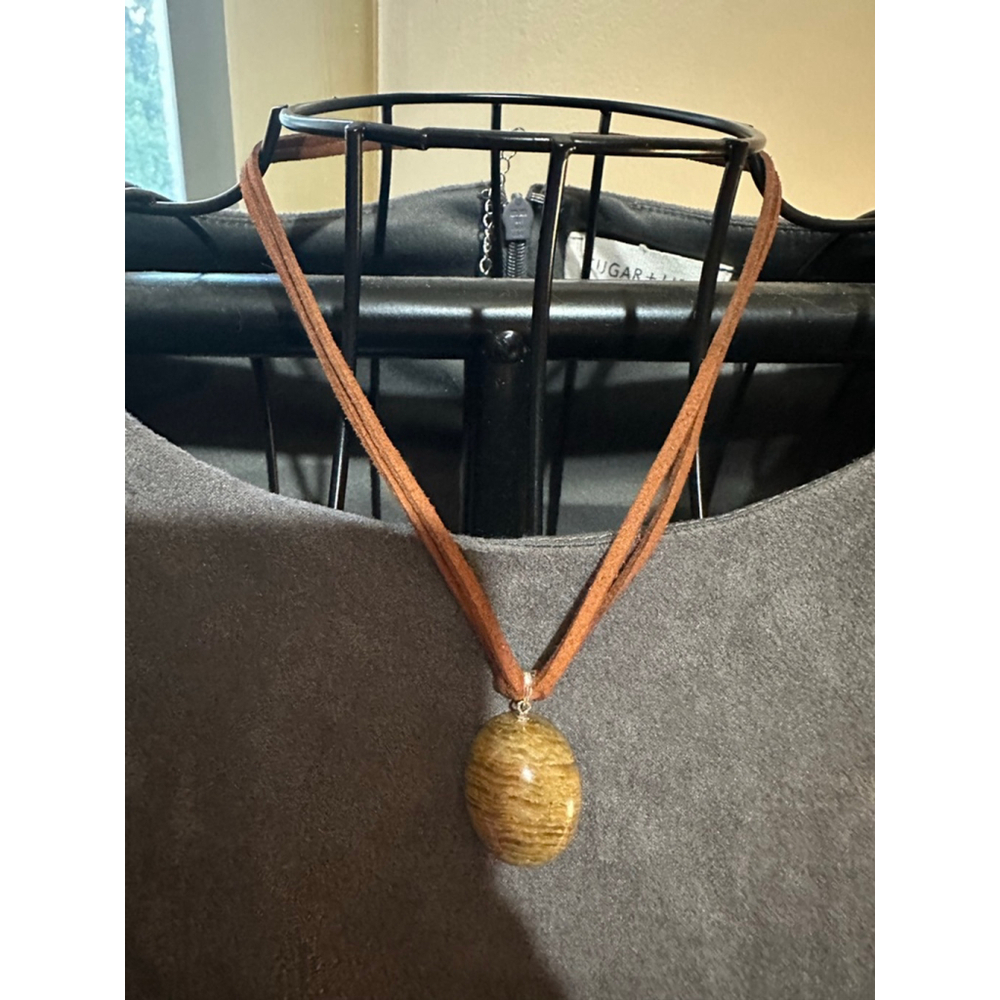 Oval Thousand Layer Garden Quartz Pendant Necklace on Brown Faux Suede - Picture 10 of 10